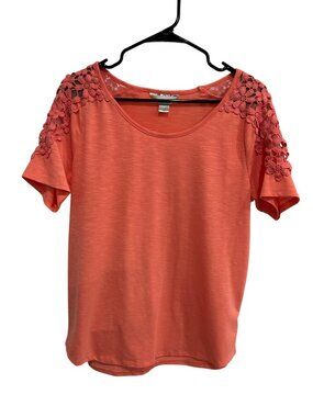 Christopher & Banks Large Coral Floral Crochet Scoop Neck Top Retro Gardencore